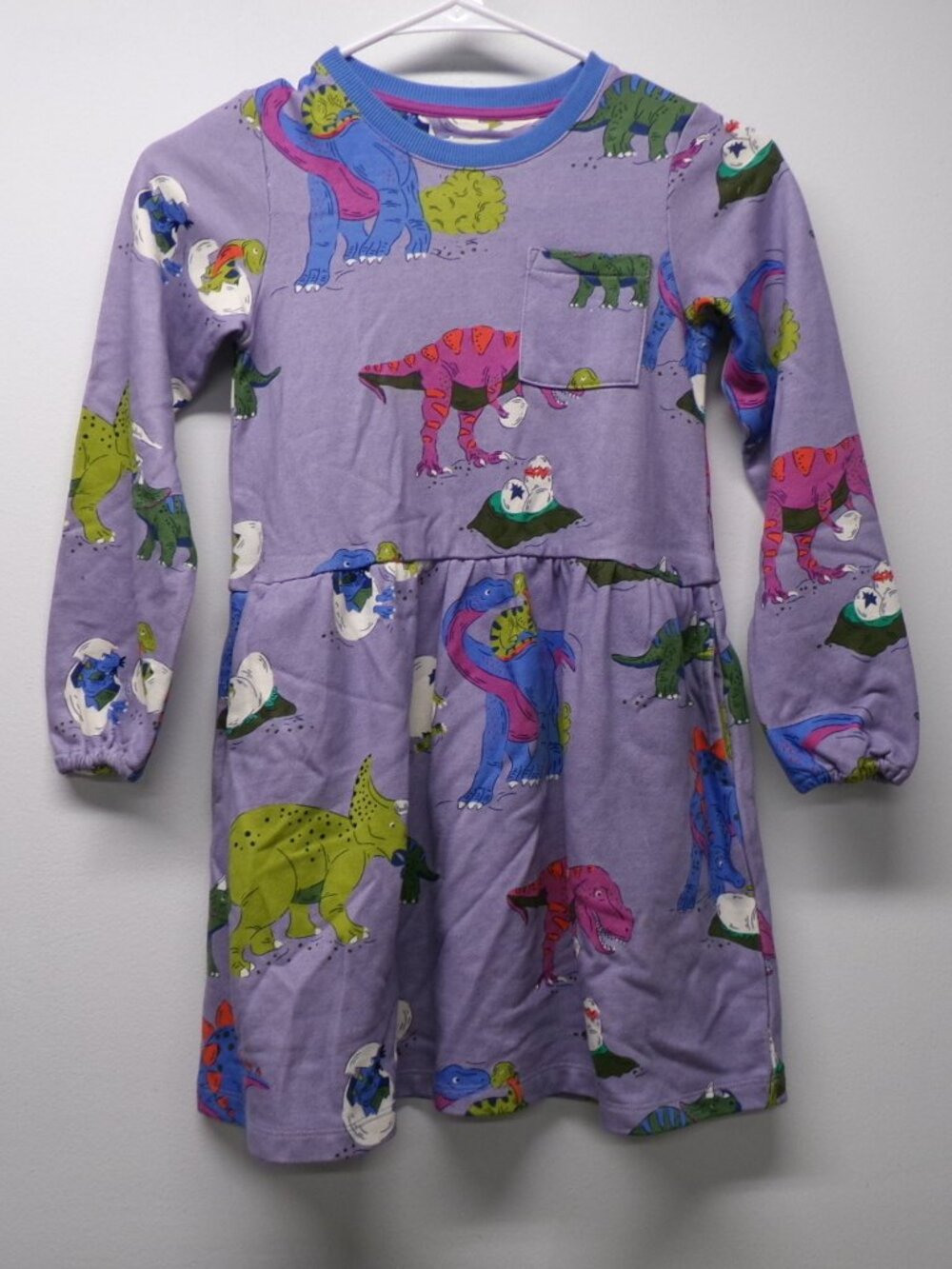 Mini Boden Purple Dinosaur Dino Baby Eggs All Over Print Sweatshirt Dress 7-8Y